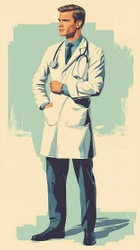 Confident male doctor standing in white coat and stethoscope.