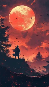 Lone sword under a burning blood moon sky, waiting.