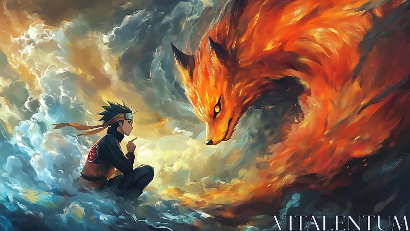 Stormborne ninja communes with swirling foxfire spirit.