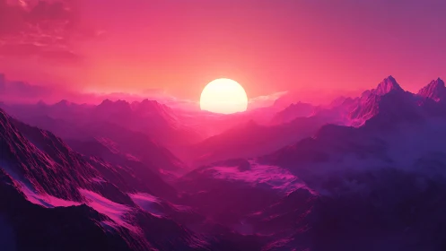 Radiant magenta sun over volumetric fog in stylized alpine valley