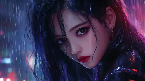 Neon‑lit rain portrait of cyber-noir woman, wet detail study.