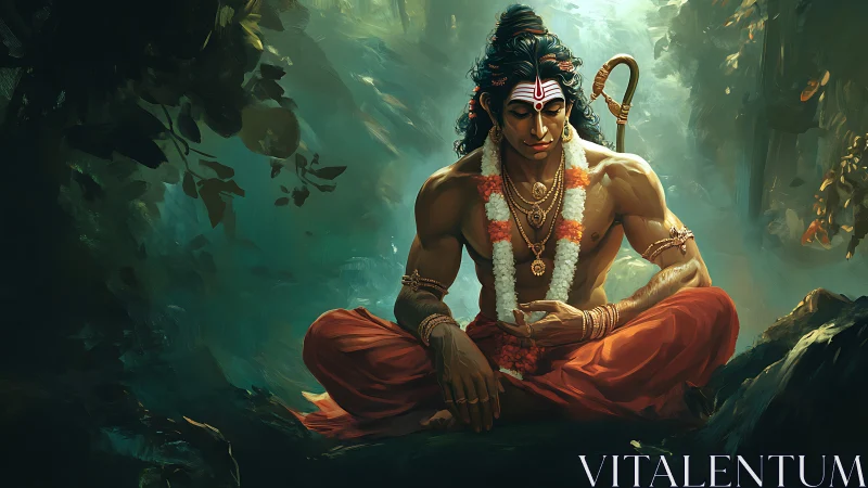 Meditative warrior sage in forest glade with ritual adornments