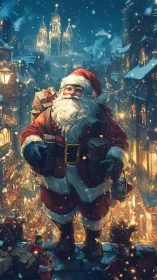 Santa stands above snowy festive city street at night