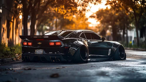 Widebody Chevrolet Camaro at golden hour on urban side street