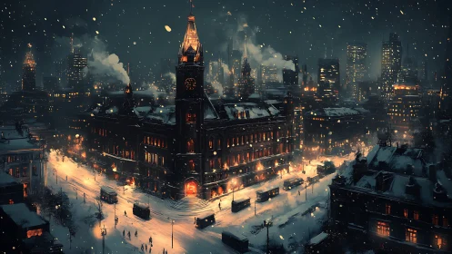 Snow-lit historic station glows against dense nocturnal skyline