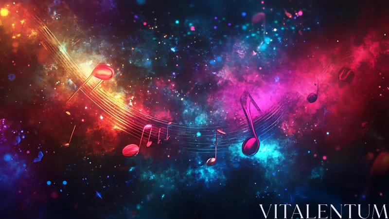 Glowing music notes stream through vibrant cosmic nebula