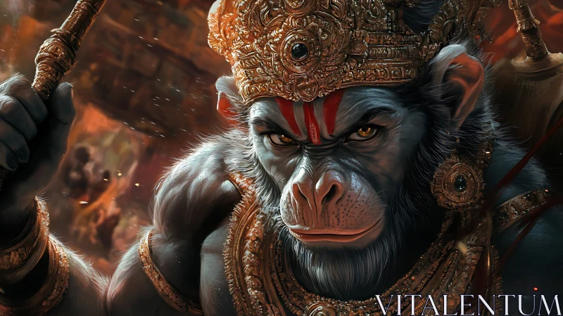 Warrior monkey deity glows under molten battle light.
