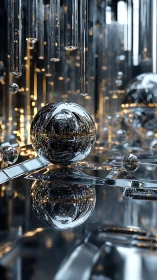 Reflective chrome spheres float among vertical glass rods