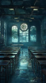 Abandoned classroom under looming clock in blue haze.