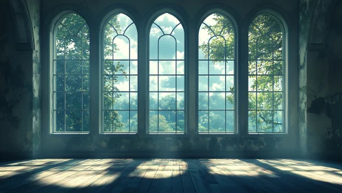 Sunlit gothic arch windows in weathered interior with trees