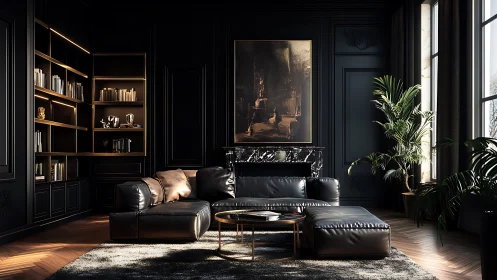Dark luxury living room showcases leather sofa and library