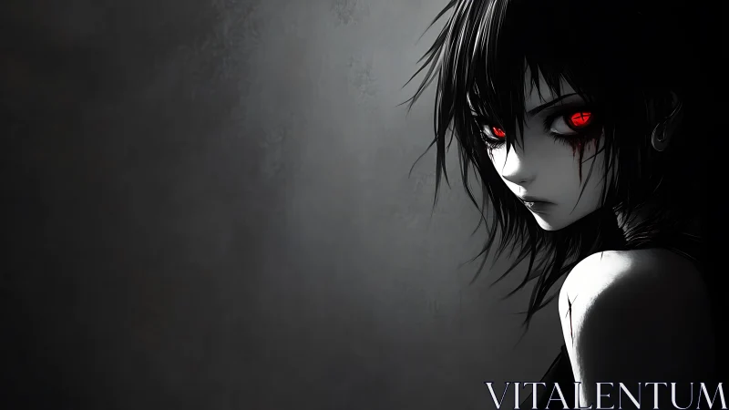 Red-eyed anime girl stares through shadows in eerie silence