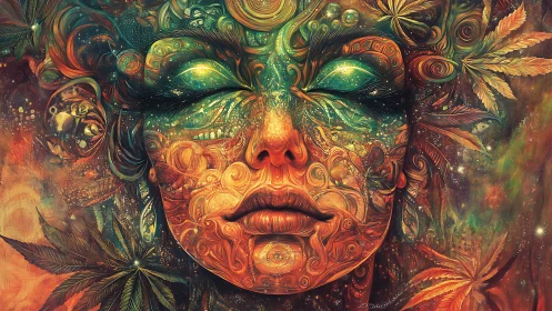 Dreaming earth goddess wrapped in swirling cosmic leaves.