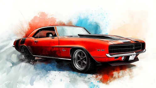 Bold red muscle car cruising through splashes of color.