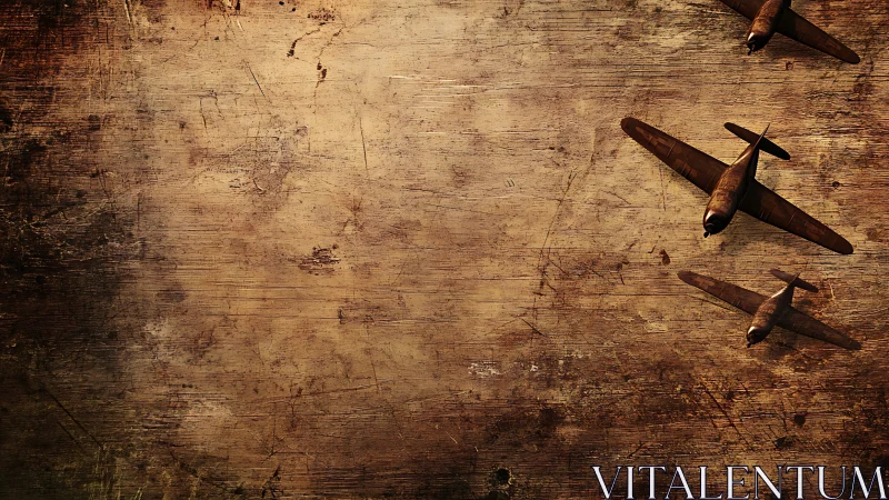 Three model aircraft cast shadows on distressed wood surface