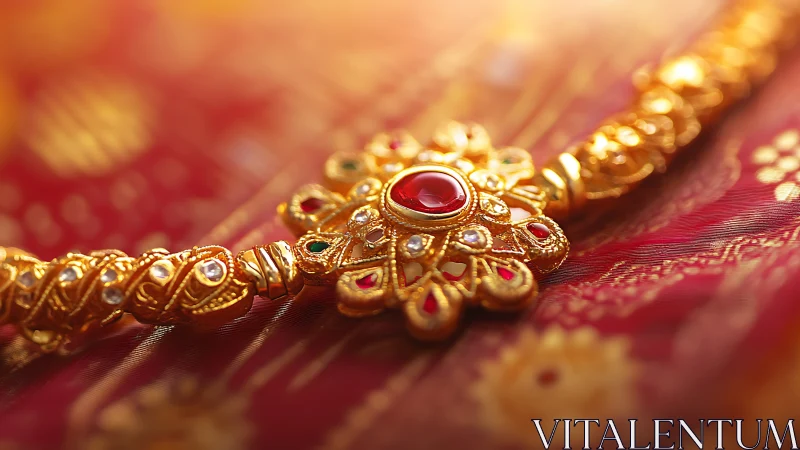 Golden bridal jewelry glowing with ruby red elegance.