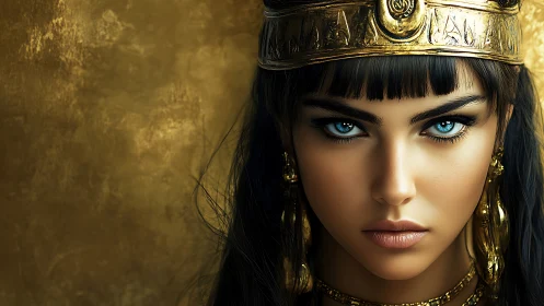Regal blue eyed queen framed in glowing ancient gold.