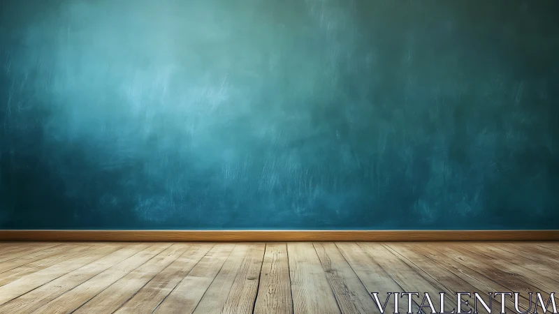 Textured teal interior wall meets varnished wooden plank flooring