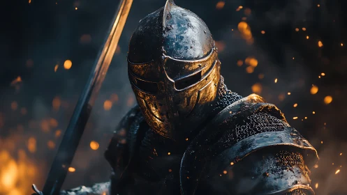 Armored medieval knight with sword amid floating embers.