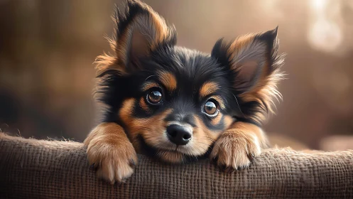 Wide eyed puppy resting paws on textured fabric edge.