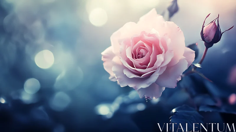Soft pink rose with delicate buds against dreamy bokeh background.