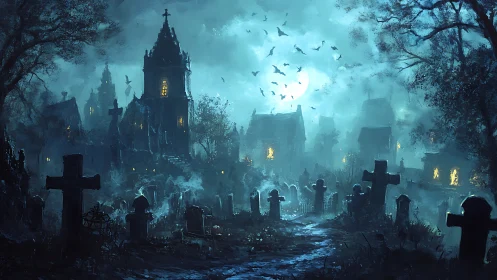Moonlit gothic graveyard shrouded in haunted blue fog.