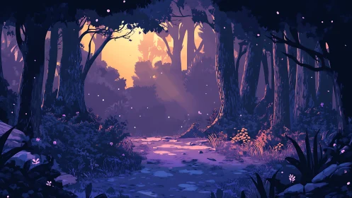 Nocturnal Forest Clearing with Illuminated Sky and Water Feature.