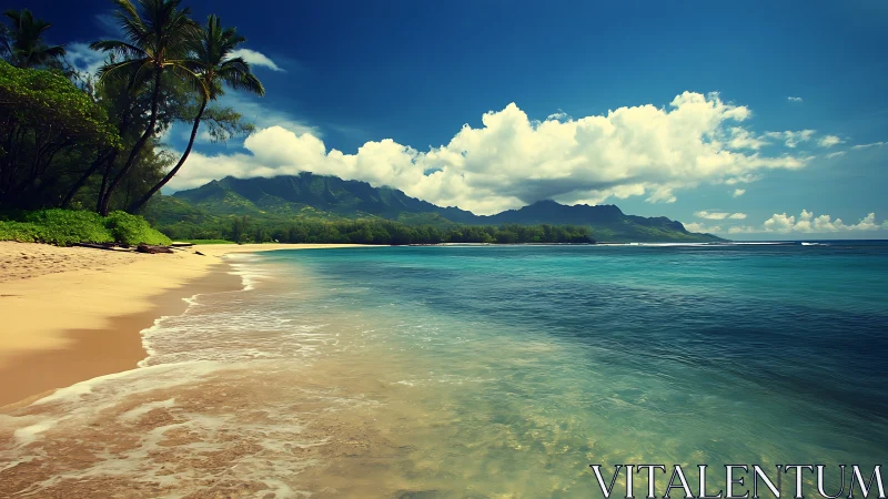 Tropical Beach with Mountain Vista and Palm Trees.