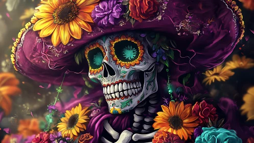 Sugar skull in lavish floral hat celebrates D&iacute;a de Muertos.