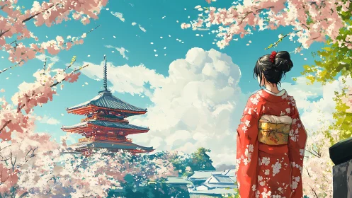 Springtime stroll beside a tranquil temple under blossoms.