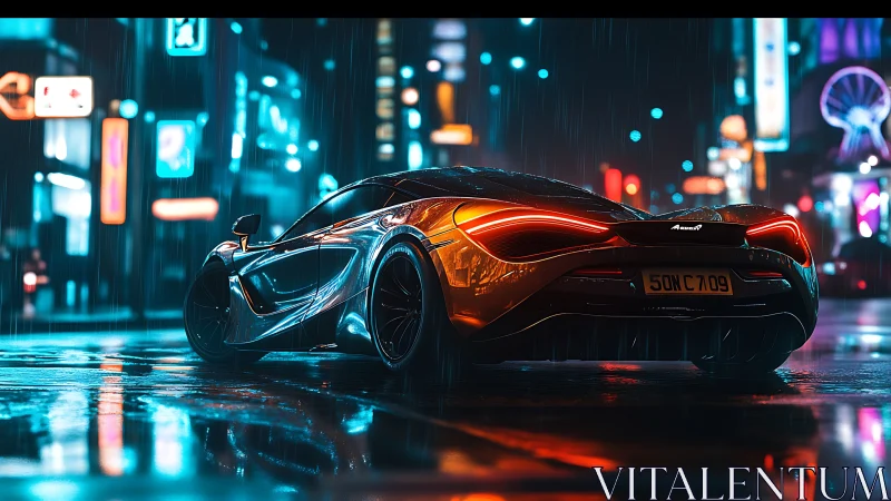 Cyberpunk supercar in neon-soaked nocturnal streetscape rendering.