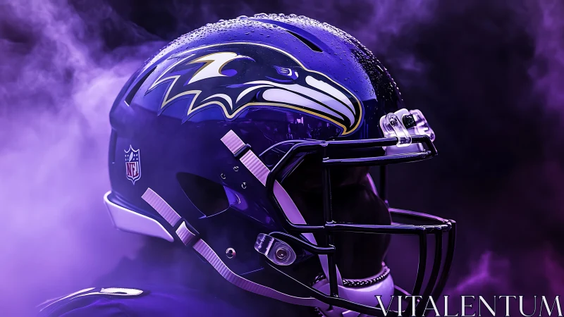 Ravens football helmet glows in saturated purple smoke