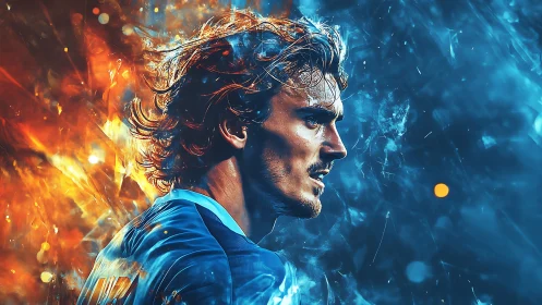 Profile portrait of soccer player amid fire and ice energy