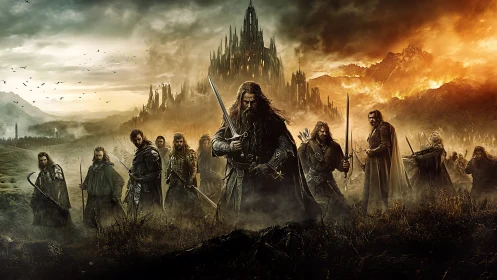 War-scarred warriors stride toward a storm-lit obsidian citadel