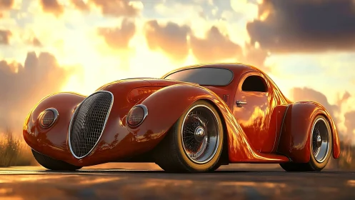 Sunset-slick retro hot rod gliding through molten light.
