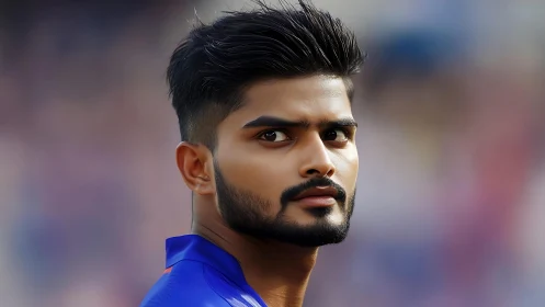 Close-up portrait of male athlete in blue sports jersey.