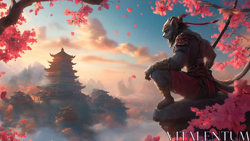 Anthropomorphic warrior observing multi-tiered pagoda complex.