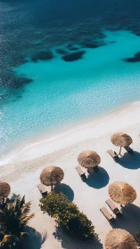 Tropical Paradise Beach with Turquoise Waters and Thatched Umbrellas.