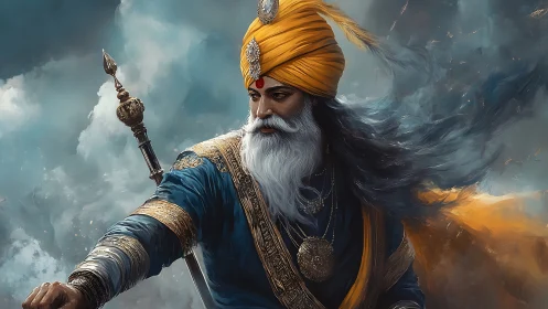 Warrior elder in golden turban commands stormy battlefield