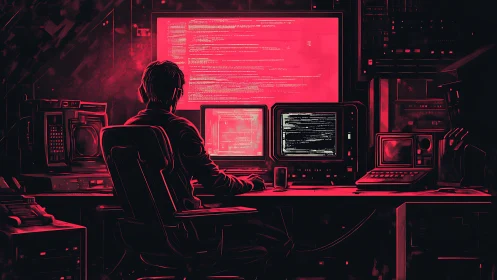 Midnight coder bends neon code in a glowing red bunker