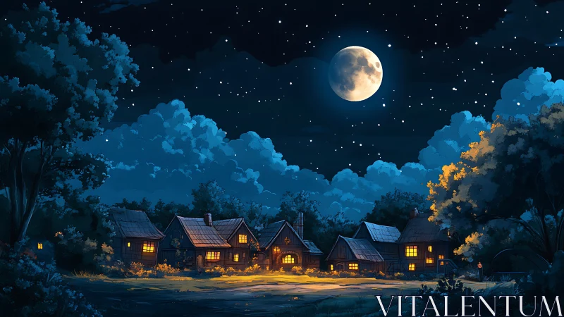 Moonlit village glows softly under a star filled summer sky