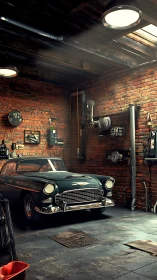 Classic teal coupe in moody brick-walled industrial garage.
