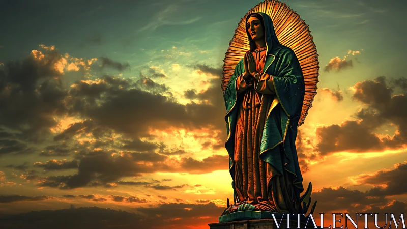 Radiant religious statue rises against glowing sunset sky
