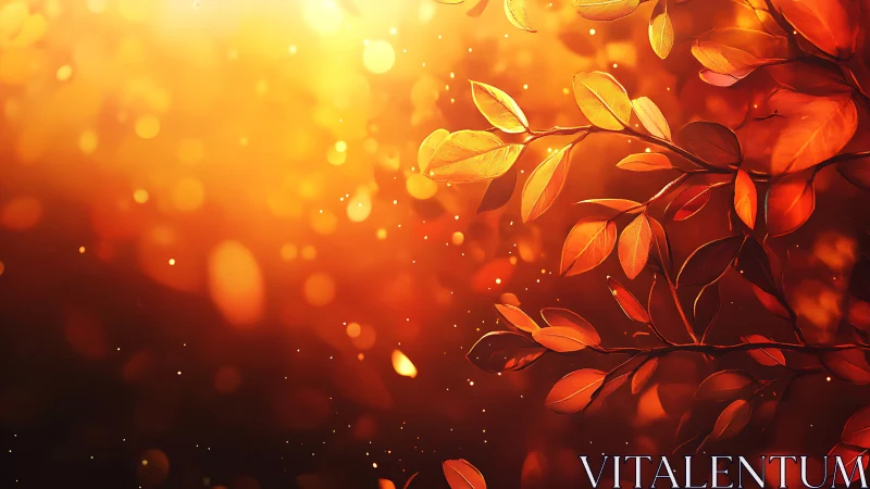 Autumn leaves glow against golden bokeh sunset background.