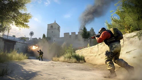 Tactical shooter firefight in bright desert courtyard