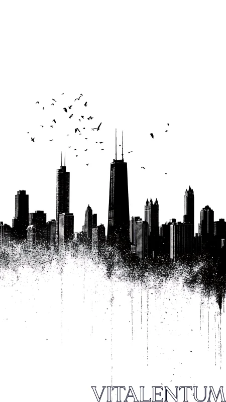 Monochrome urban skyline silhouette with splatter decay effect