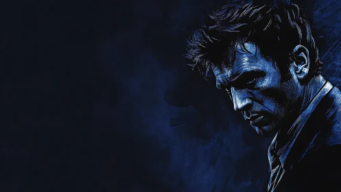 Brooding male portrait in moody monochrome blue lighting.