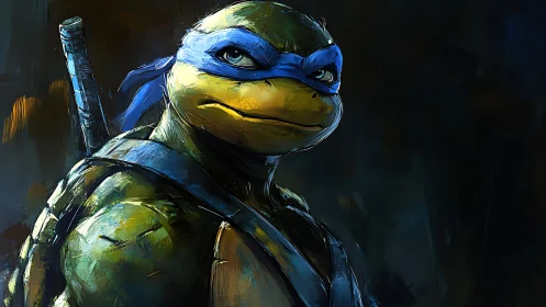 Stoic turtle warrior portrait in cinematic blue lighting.