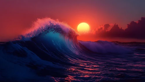 Radiant sunset illuminates cresting neon-blue ocean wave