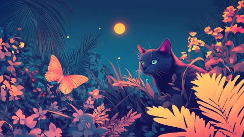Nocturnal Garden: Black Cat Among Flowers Under Moon.